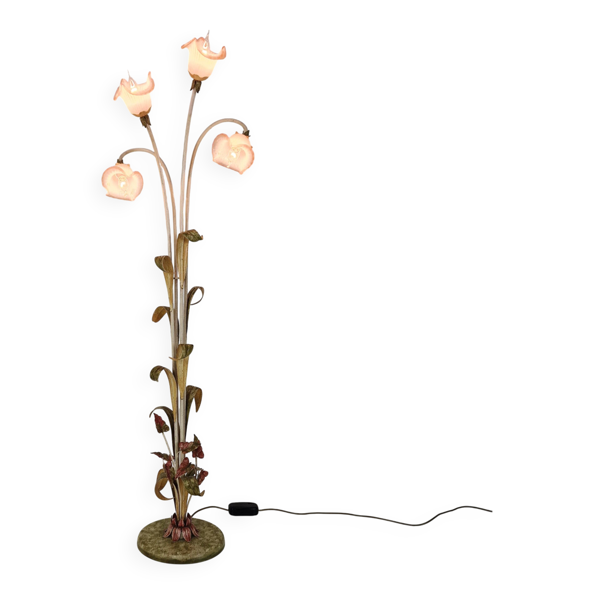 Italian Floor Lamp with Metal Stems, Leaf Details and Murano Glass Flowers