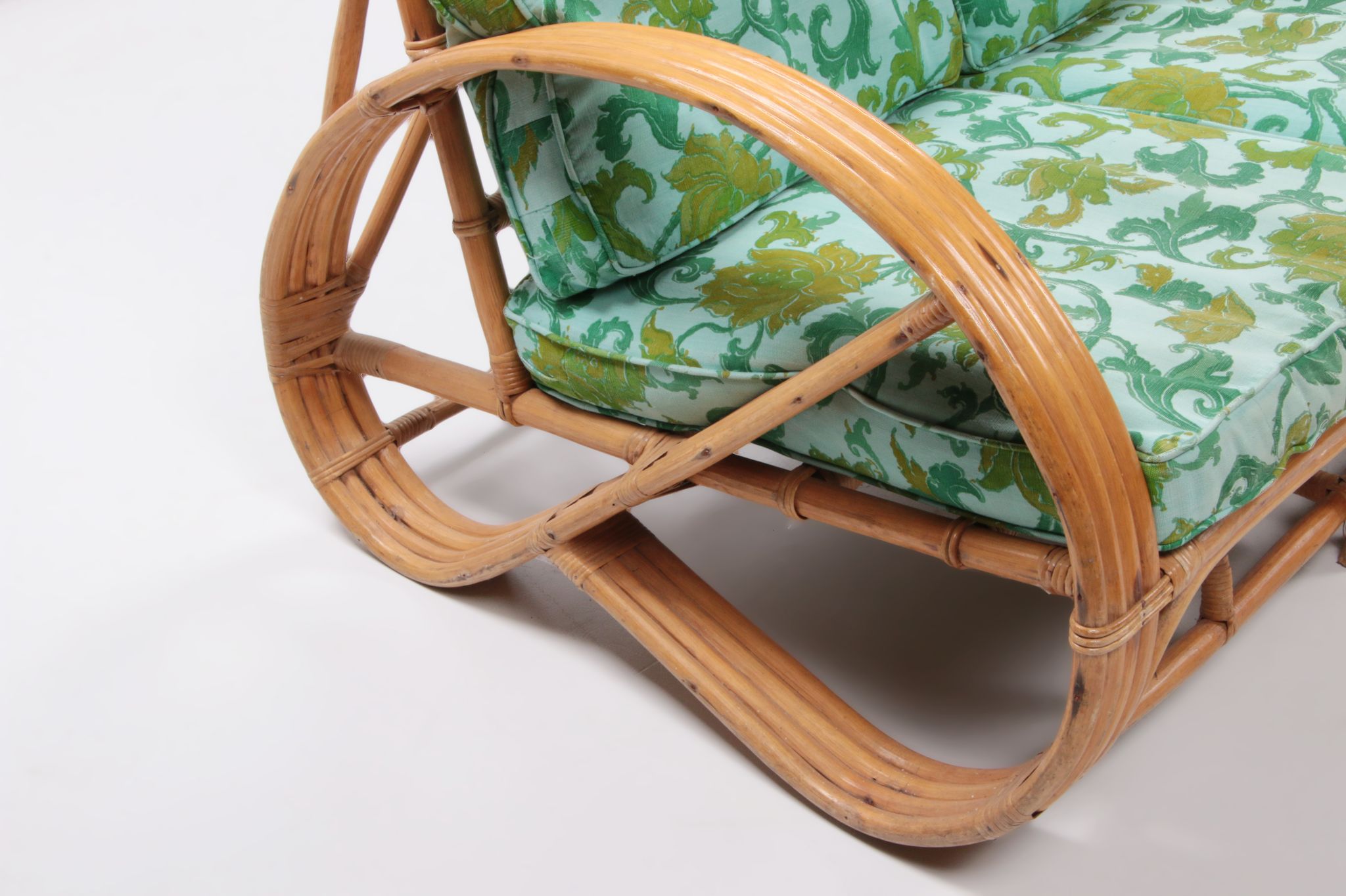 Vintage set of bamboo lounge armchairs and sofa with coffee table Paul Frankl, 1960s