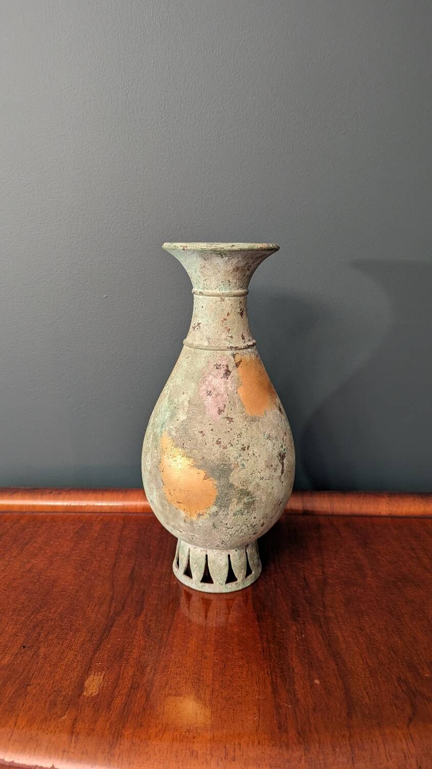 Japanese green and gold copper vase
