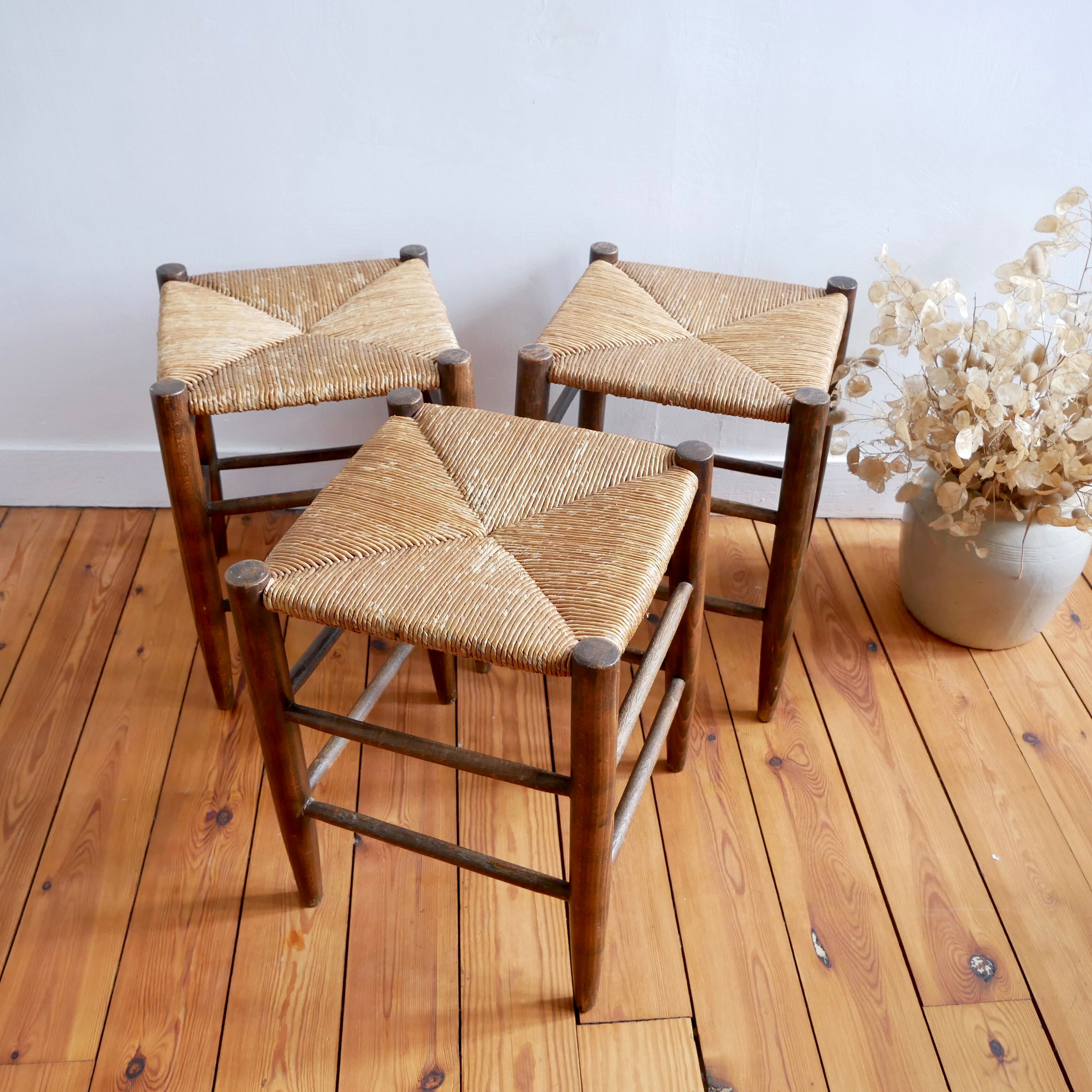 Set of 3 neo-rustic straw and wood stools