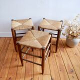 Set of 3 neo-rustic straw and wood stools