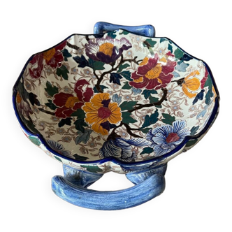 Melonnière dish in earthenware stamped Gien with blue handles and peonies TB Condition