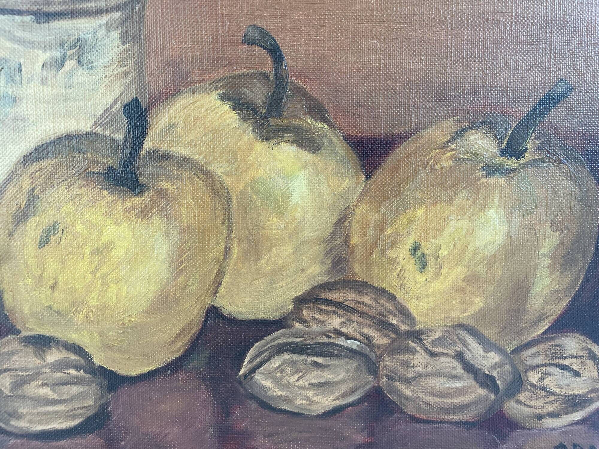 Oil painting on canvas, still life with fruits and pot, nuts, signed, George Cros, signed