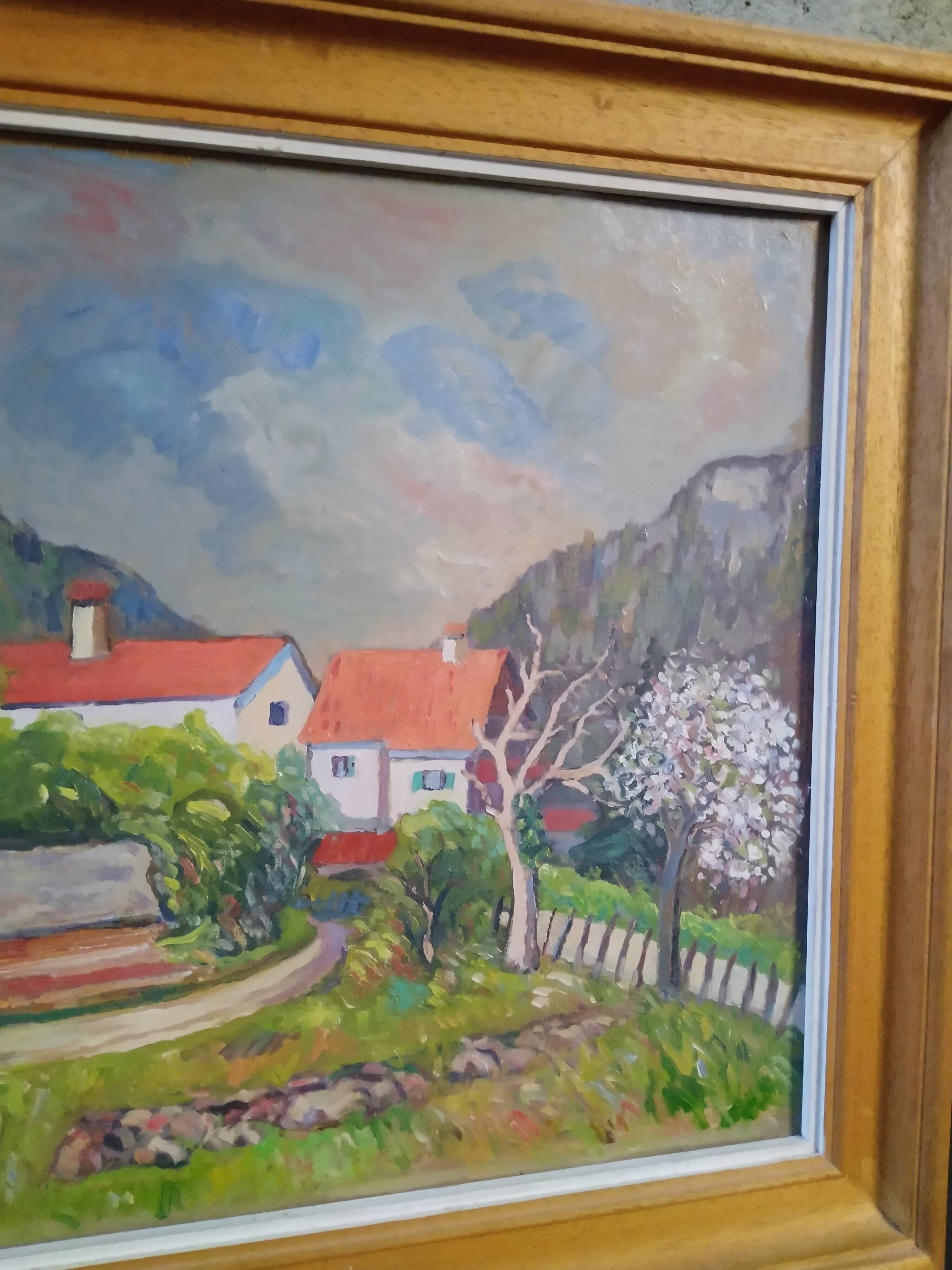 Oil on cardboard painting "Printemps à la Vierge Noire" signed Louis Combalot