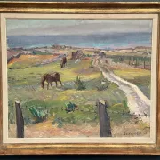 Original Swedish Oil on Canvas – "Coastal Scene with Horses" by Georg Lodström – Signed – 1947 – Framed – 77 × 66 cm