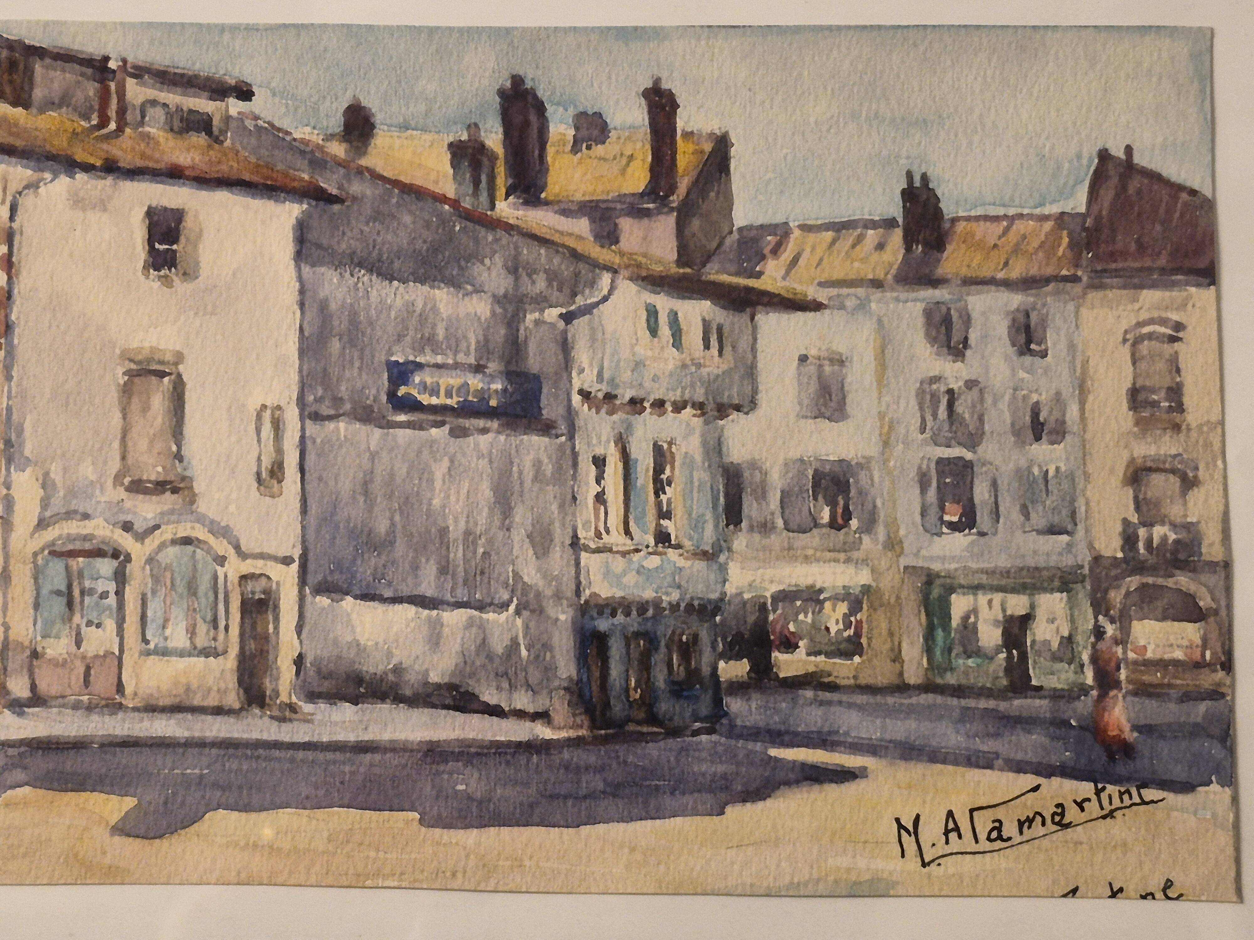 Old watercolour signed marius alamartine "hôtel de la halle" in charlieu
