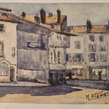 Old watercolour signed marius alamartine "hôtel de la halle" in charlieu