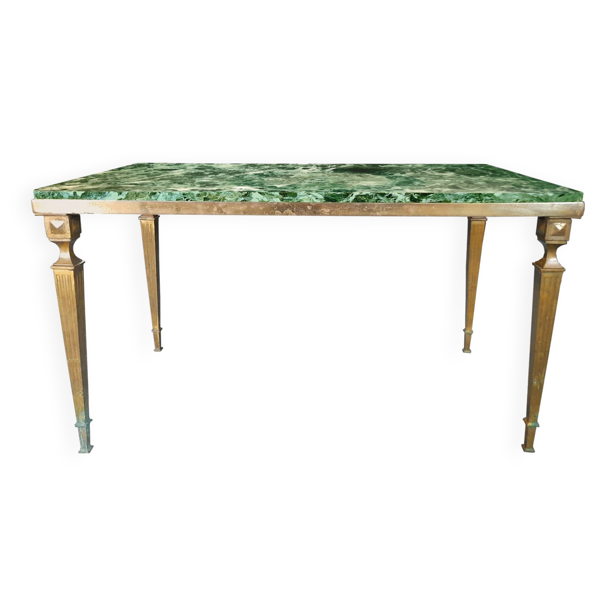 Coffee table in gilded bronze and green Alpine marble