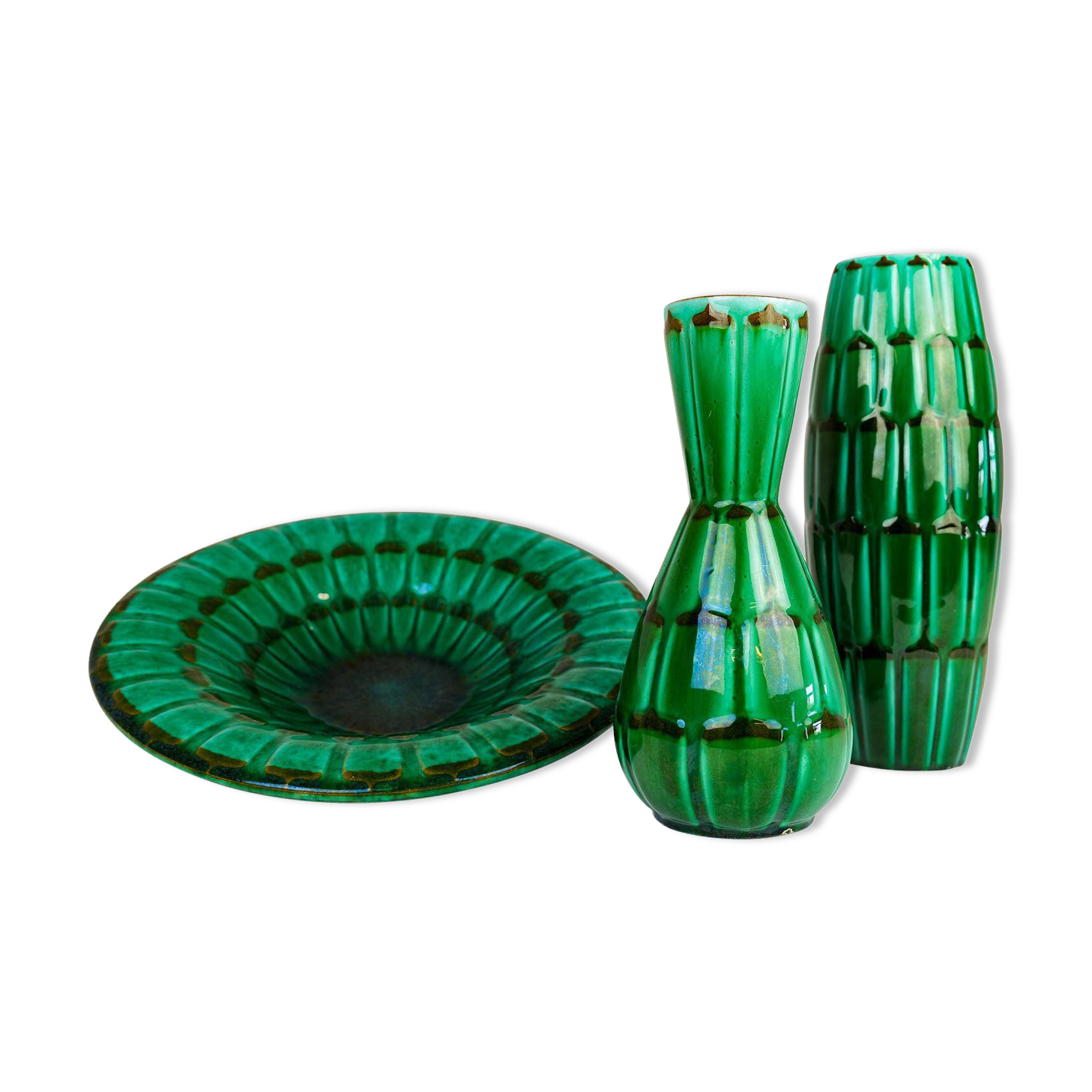Large Green Midcentury Ceramic Vases and Upsala Ekeby "Capri" Bowl/Tray from the 1950s
