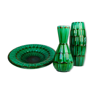 Large Green Midcentury Ceramic Vases and Upsala Ekeby "Capri" Bowl/Tray from the 1950s
