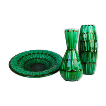 Large Green Midcentury Ceramic Vases and Upsala Ekeby "Capri" Bowl/Tray from the 1950s