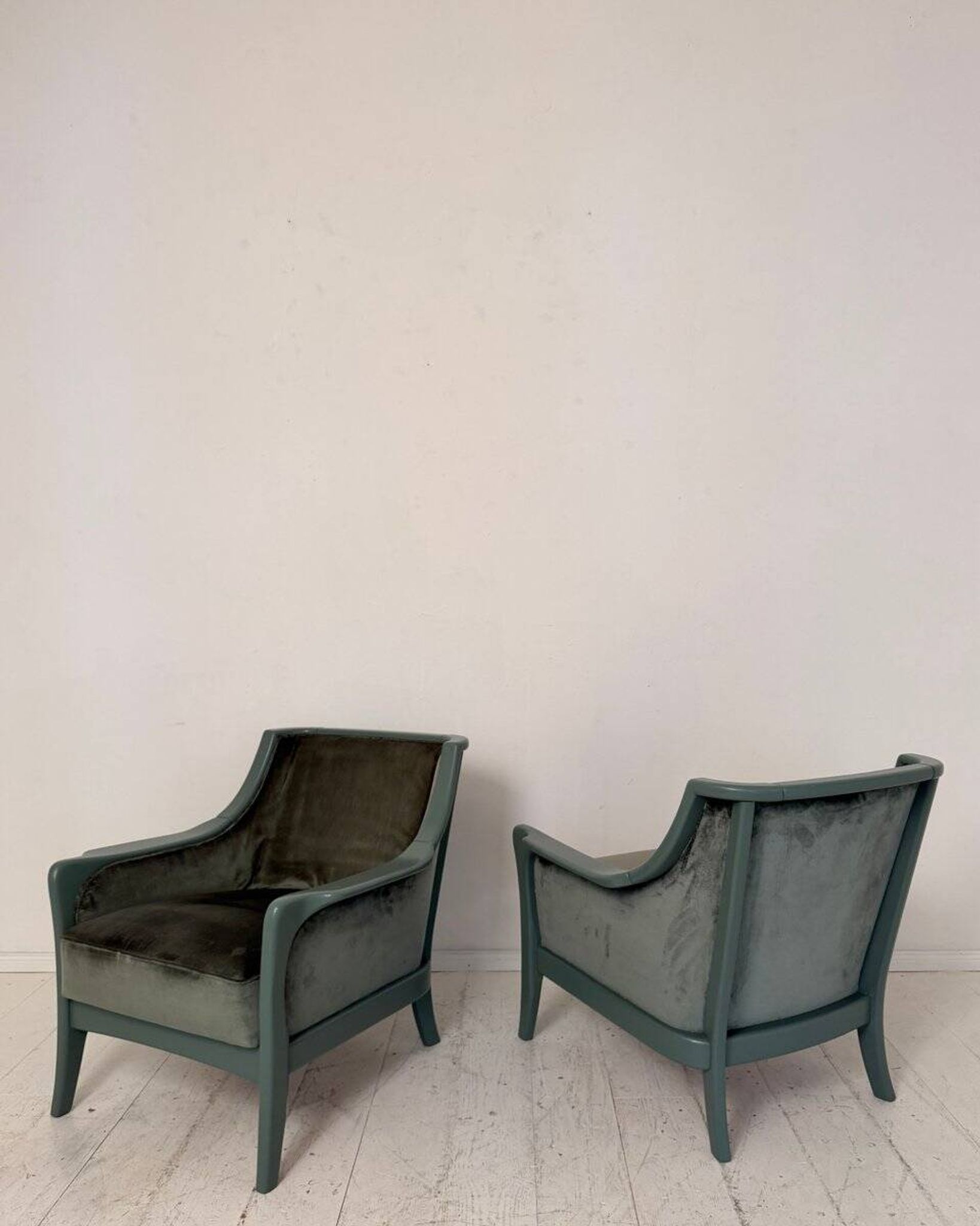 Pair Lounge Chairs in green velvet and lacquered wood, France, 1950