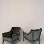 Pair Lounge Chairs in green velvet and lacquered wood, France, 1950