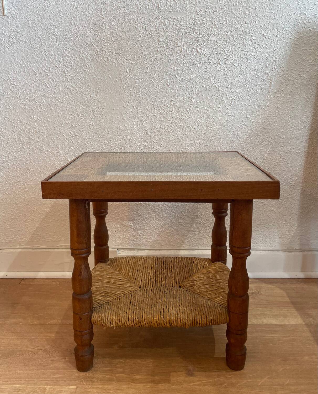 Wood, straw and glass side table, circa 1950