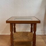 Wood, straw and glass side table, circa 1950