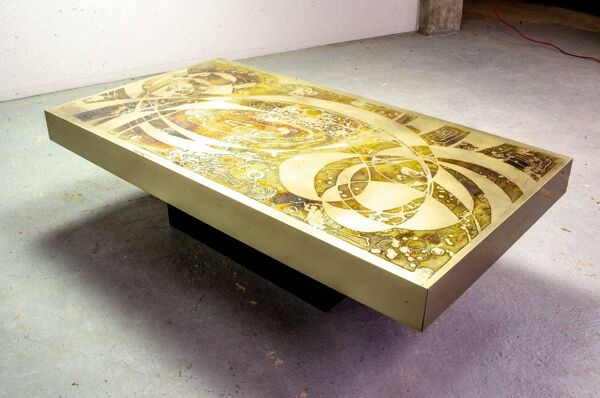 Table basse rectangulaire brutaliste gravée et oxydée Bernhard Rohne, années 1960