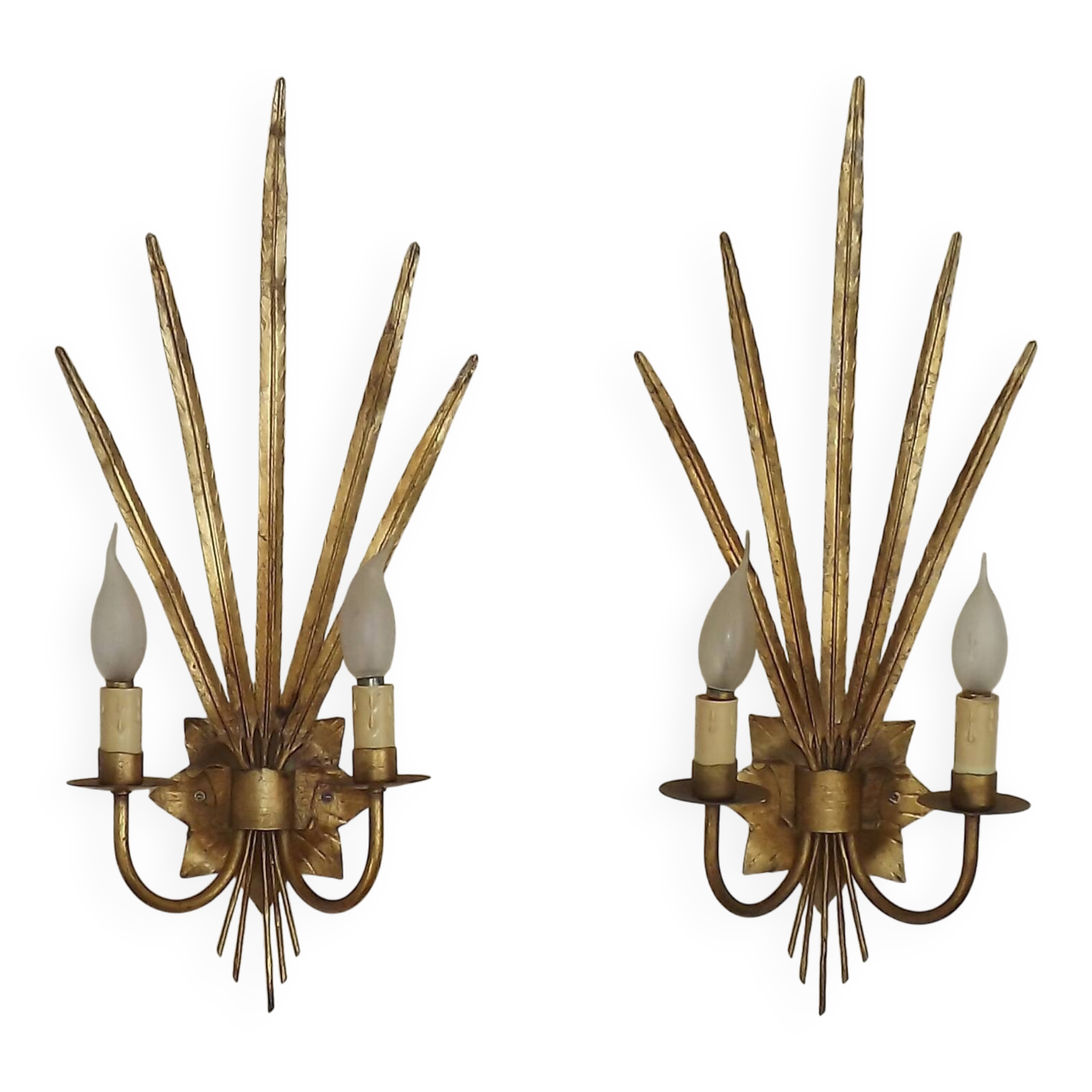 Matching Pair Large 'Ferro Art' Spain, 1950s Reed Leaf Double Wall Lights 5