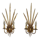 Matching Pair Large 'Ferro Art' Spain, 1950s Reed Leaf Double Wall Lights 5