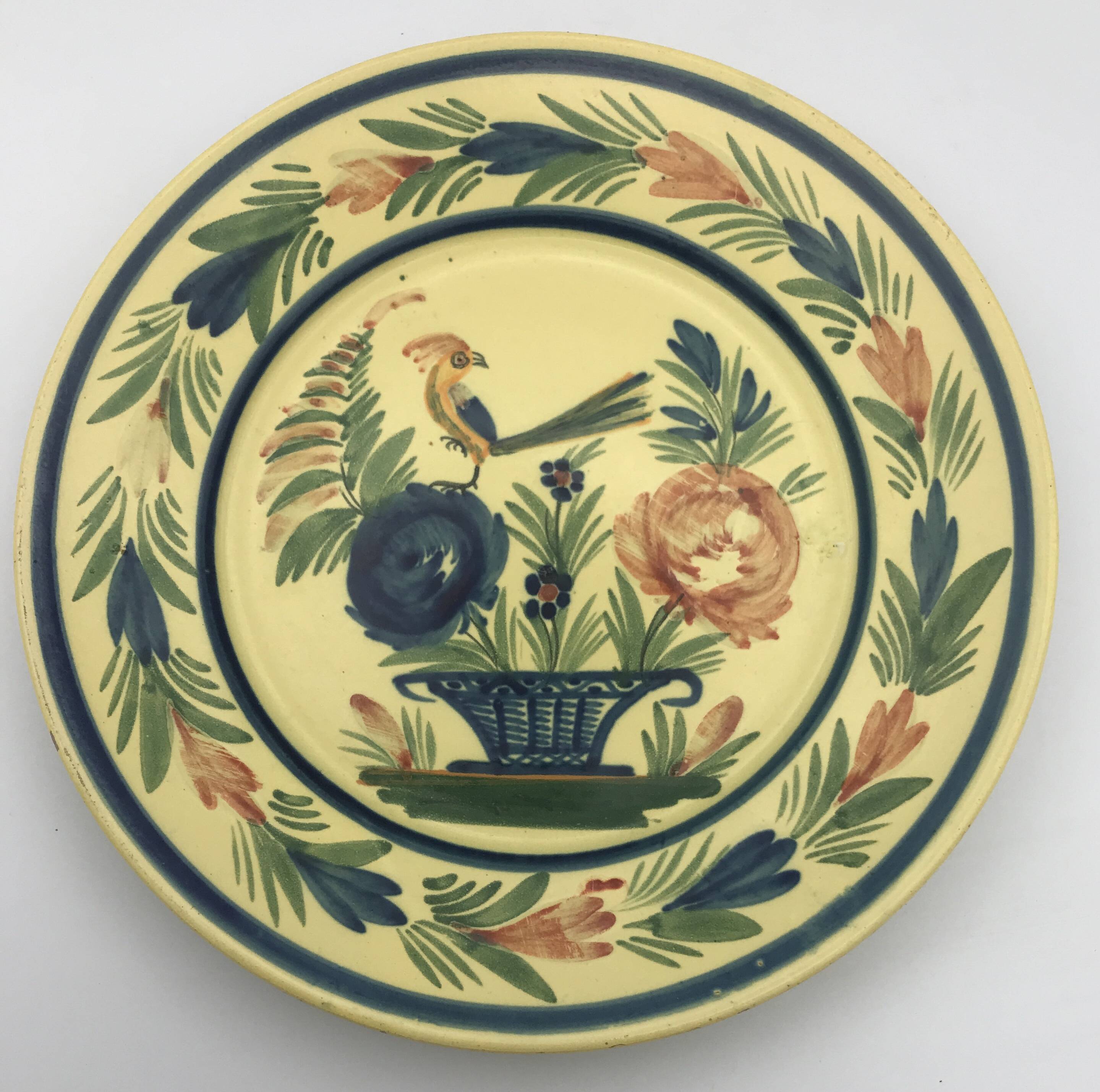 Antique earthenware plate hb henriot quimper floral and bird basket decor