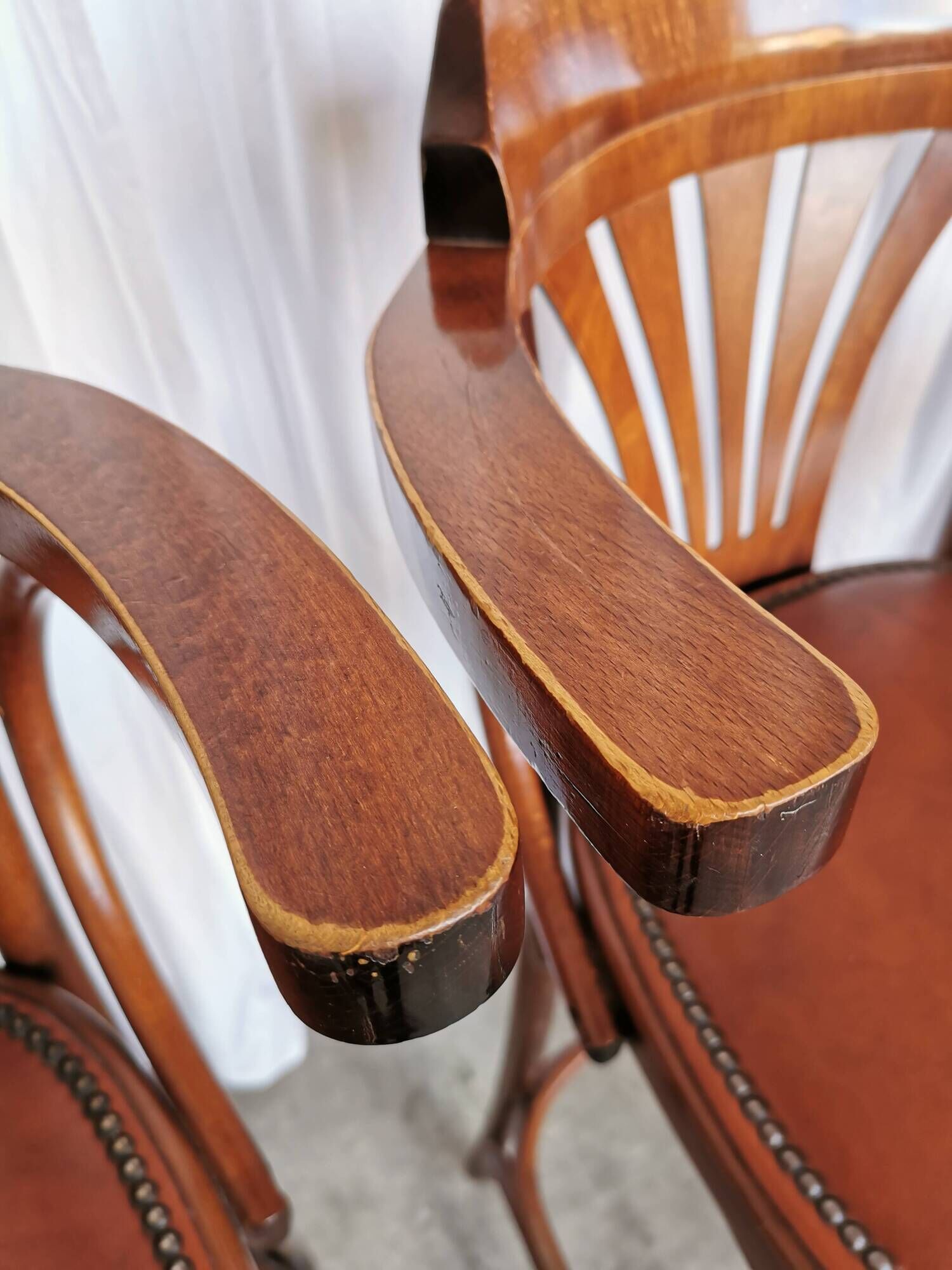 Set of 4 Vintage Bentwood Bar Stools, Brown Leather Seat, Nailhead Trim