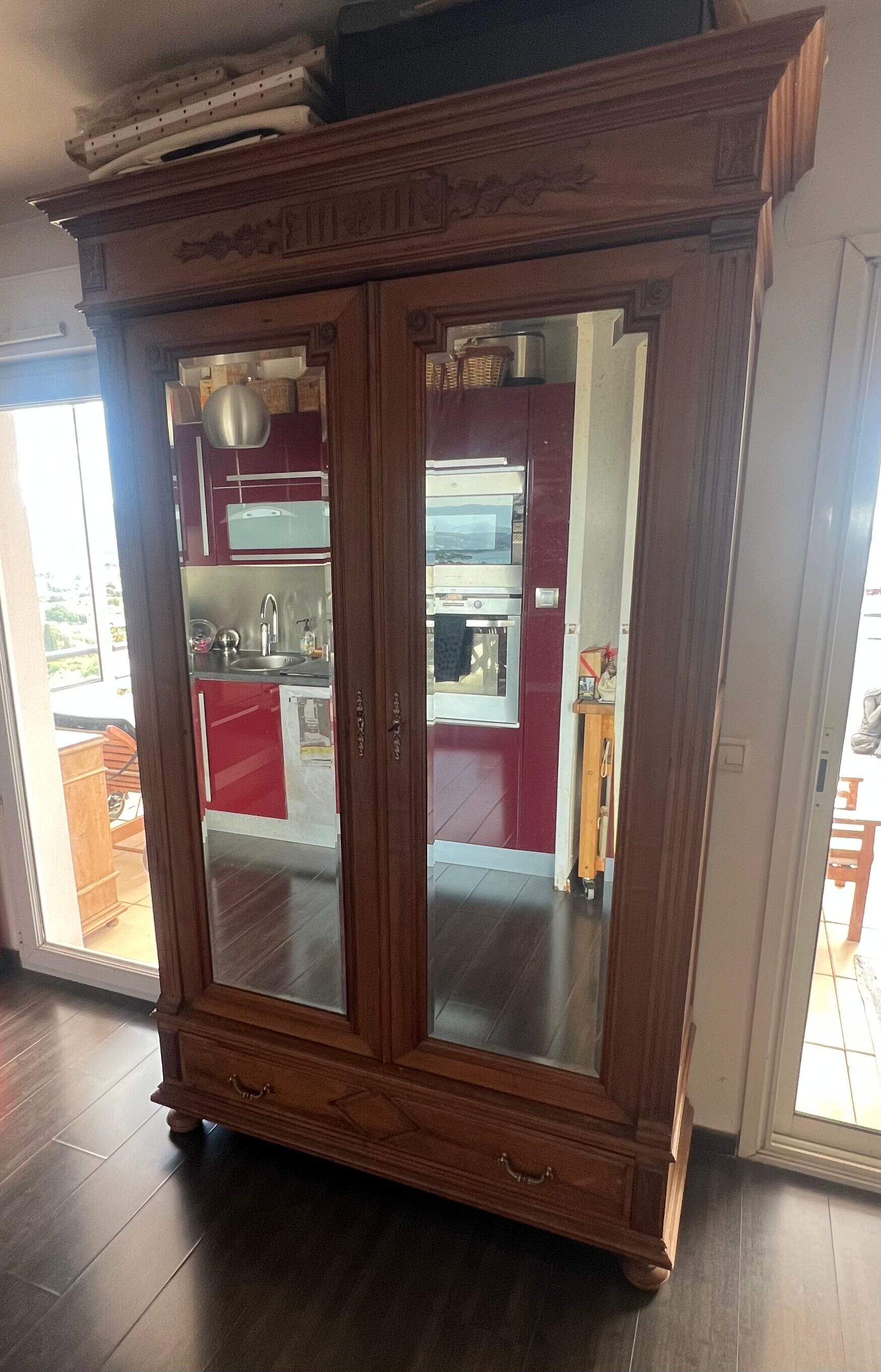 Antique walnut wood wardrobe with mirror