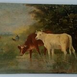 Table oil on panel cows late 19th early 20th century
