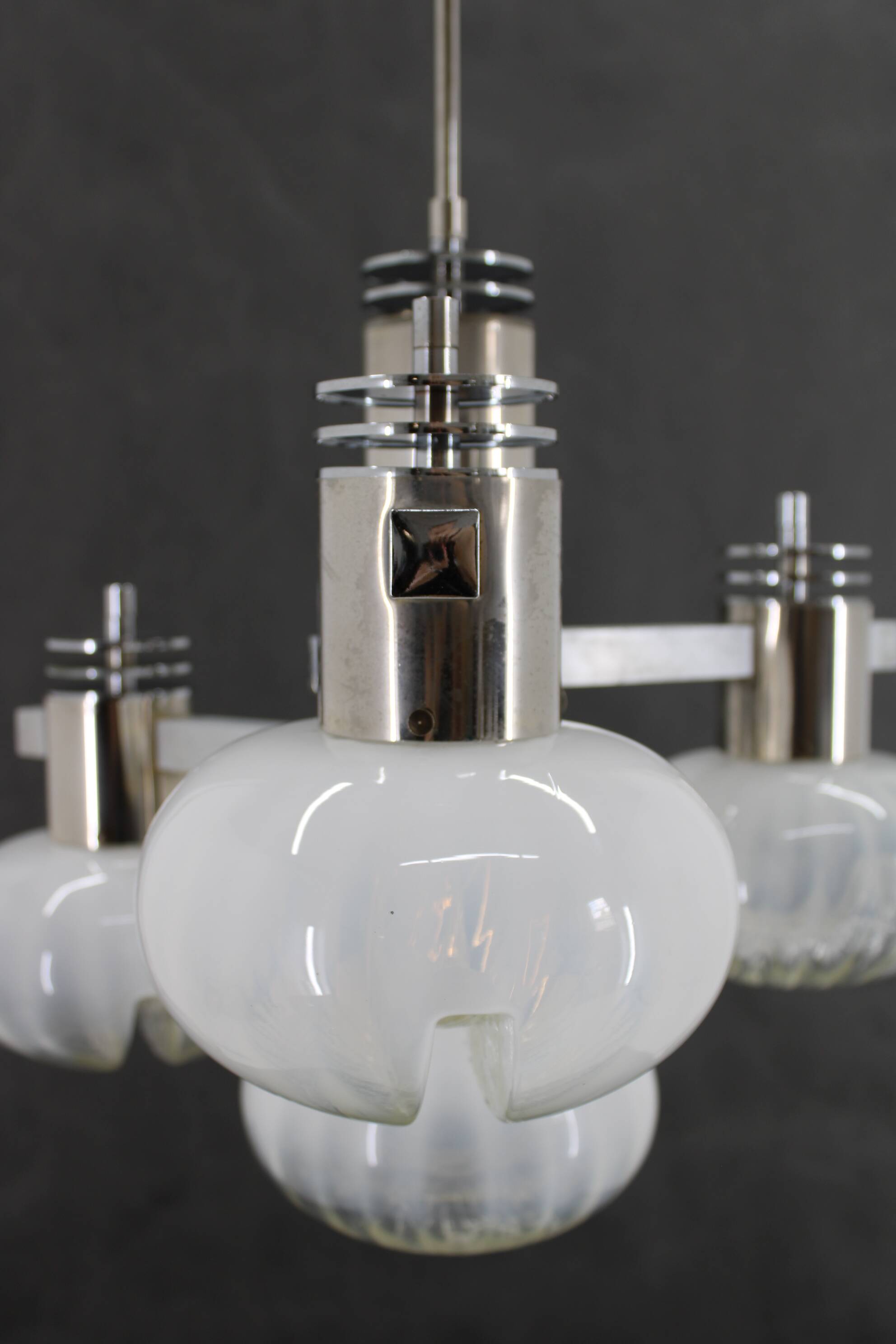 1970s Chrome Plated Chandelier with Murano Glass , Italy