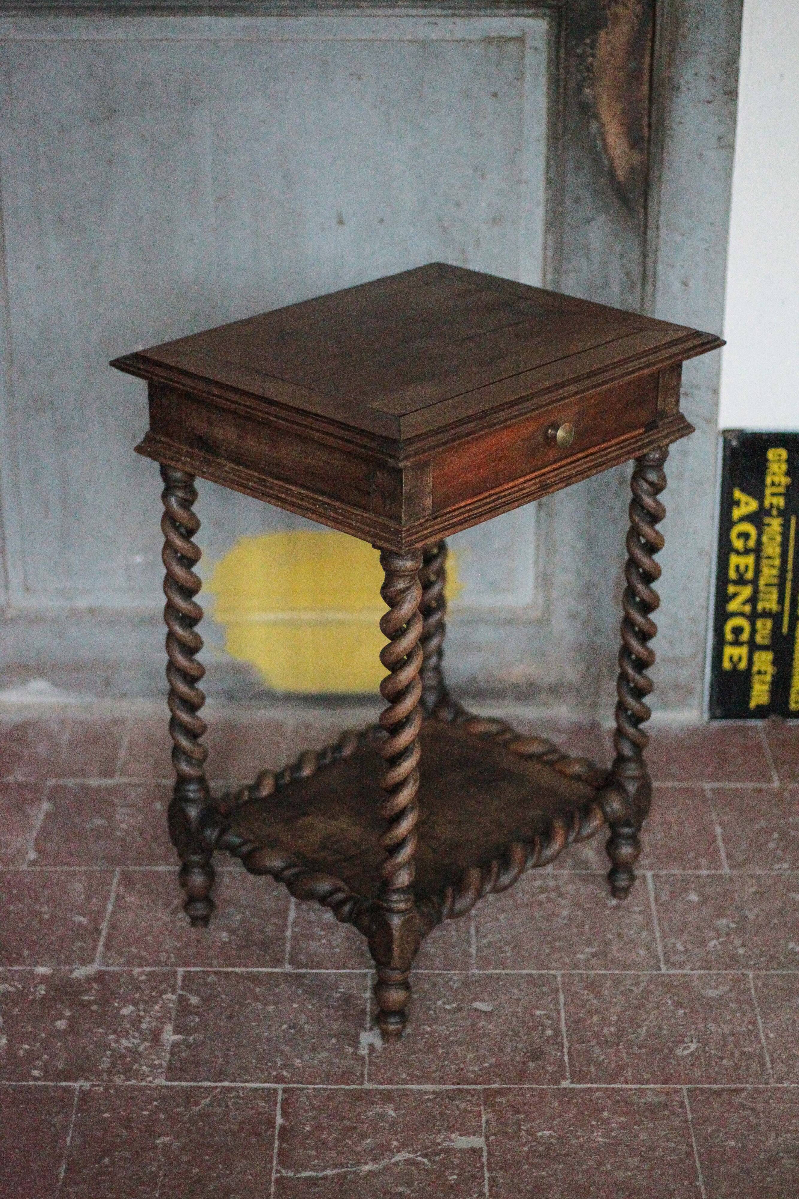 Antique turned wood bedside table with drawer, side table, nightstand
