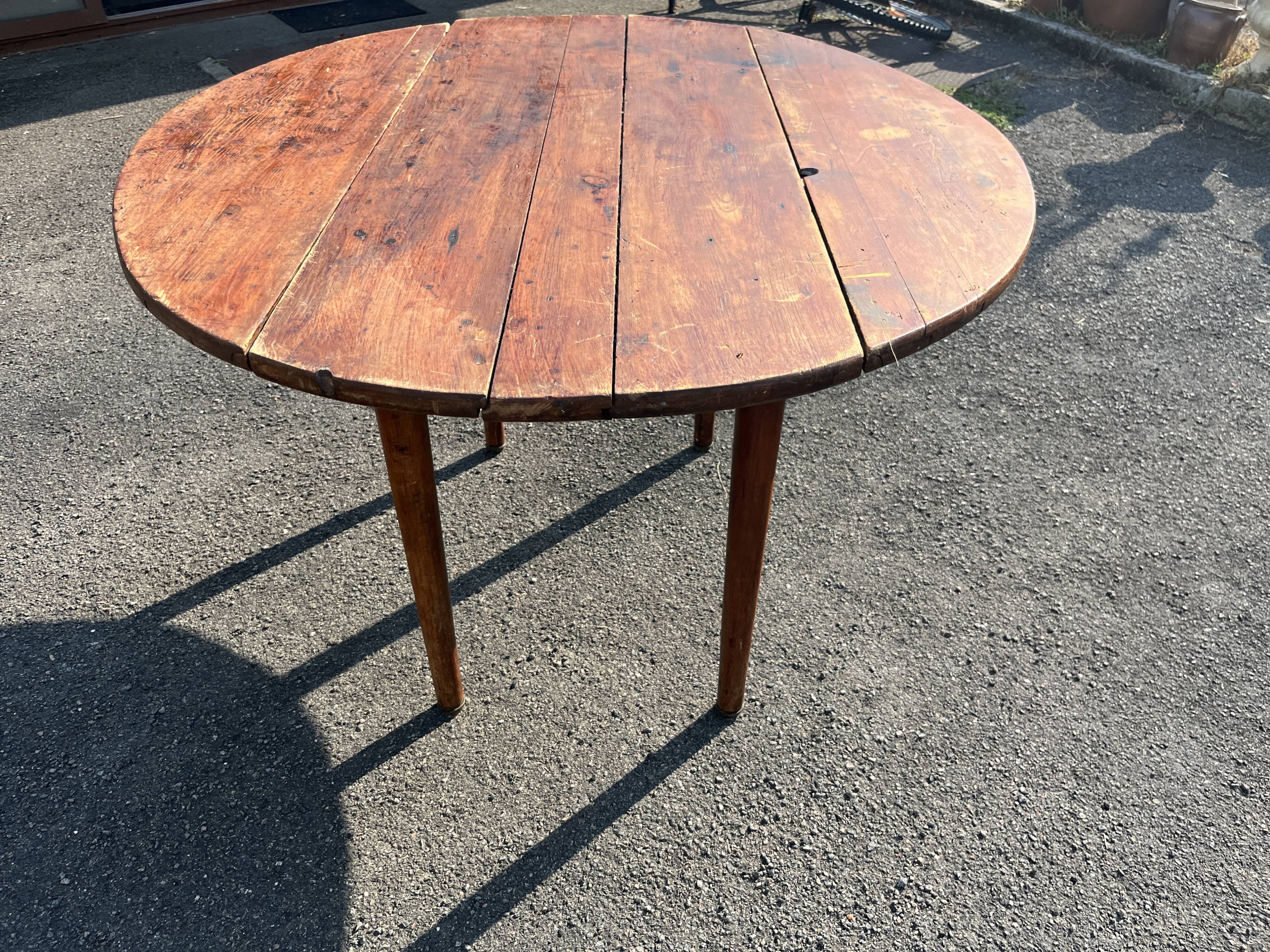 Antique rustic round wooden table 121cm, straight base