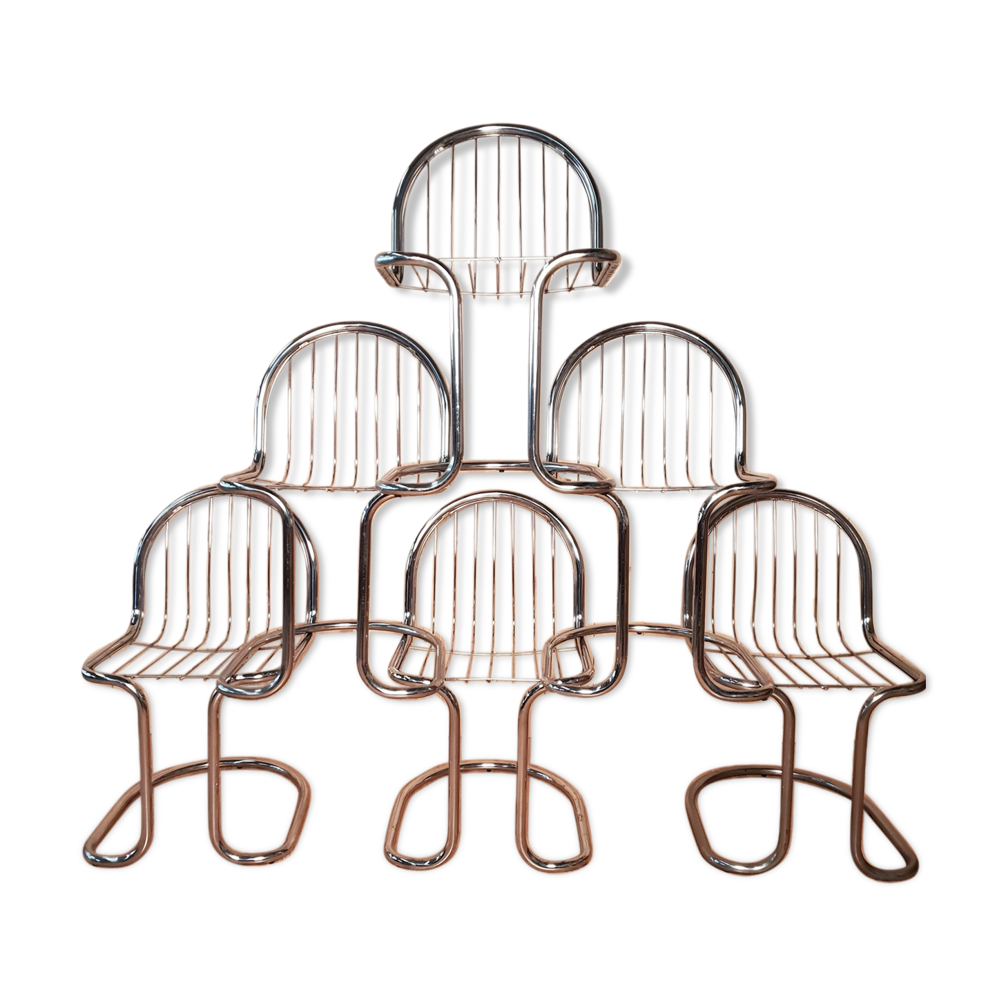 Set of 6 vintage stainless steel rounded chairs