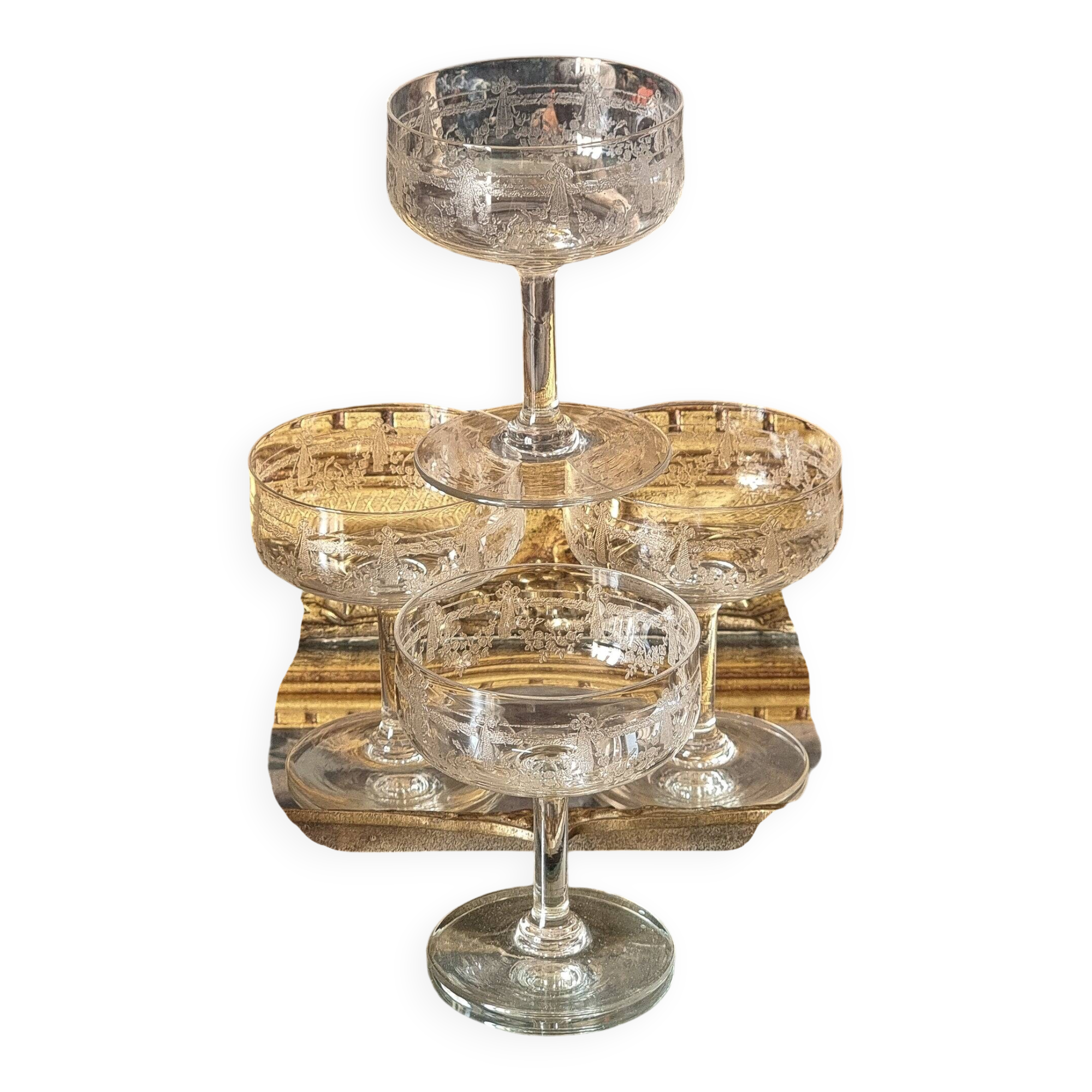 Engraved crystal champagne coupes