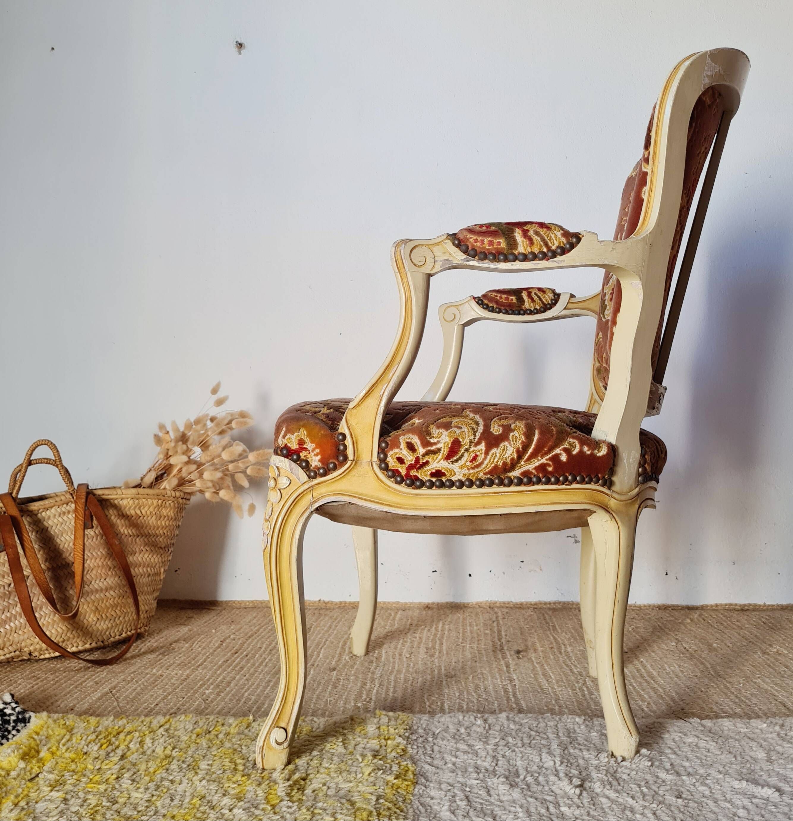 Louis XV style cabriolet armchair - floral velvet seat