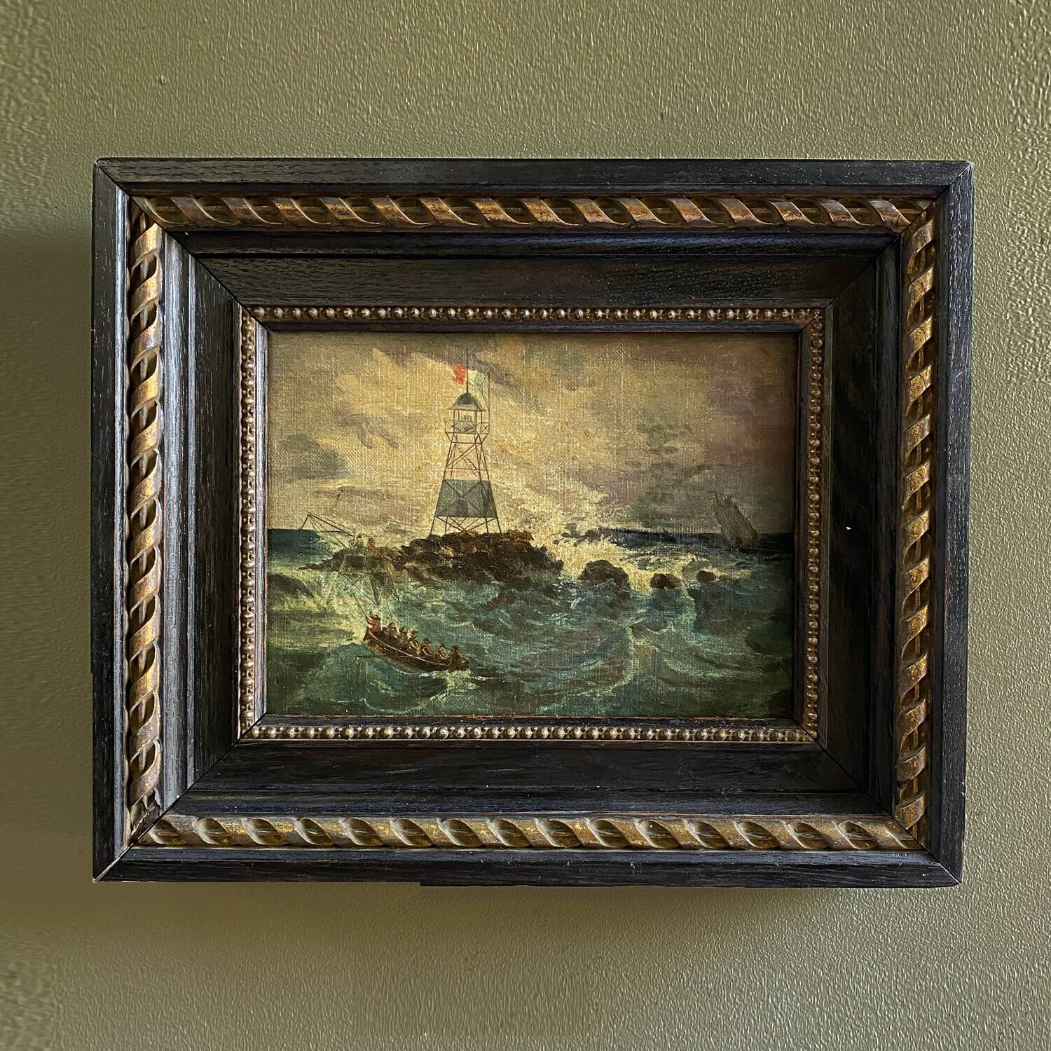 19th century miniature painting "The lighthouse in the storm"