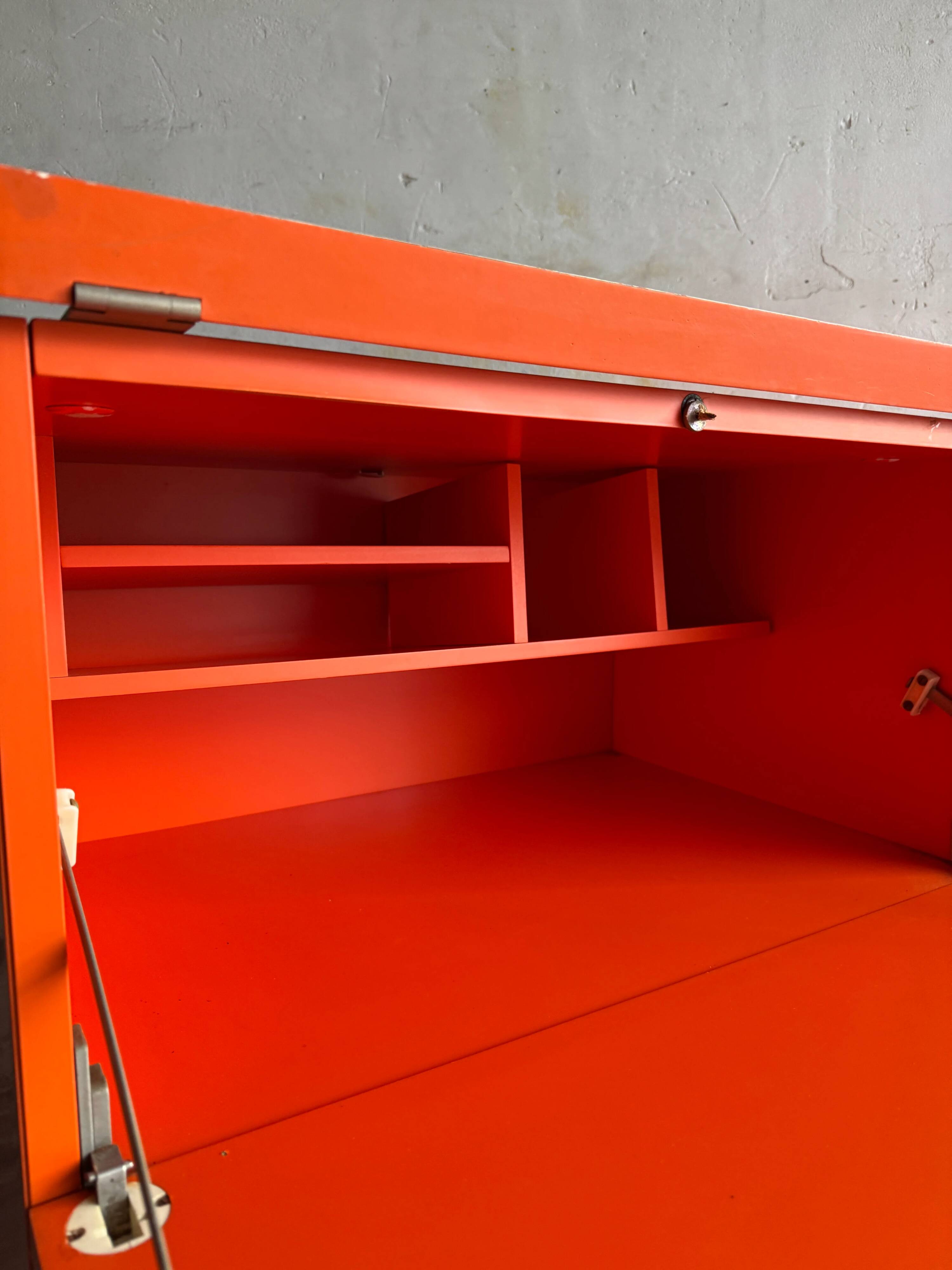 1980 Brown Wood Chest of Drawers with Fold-Out Work Surface and Angled Desktop