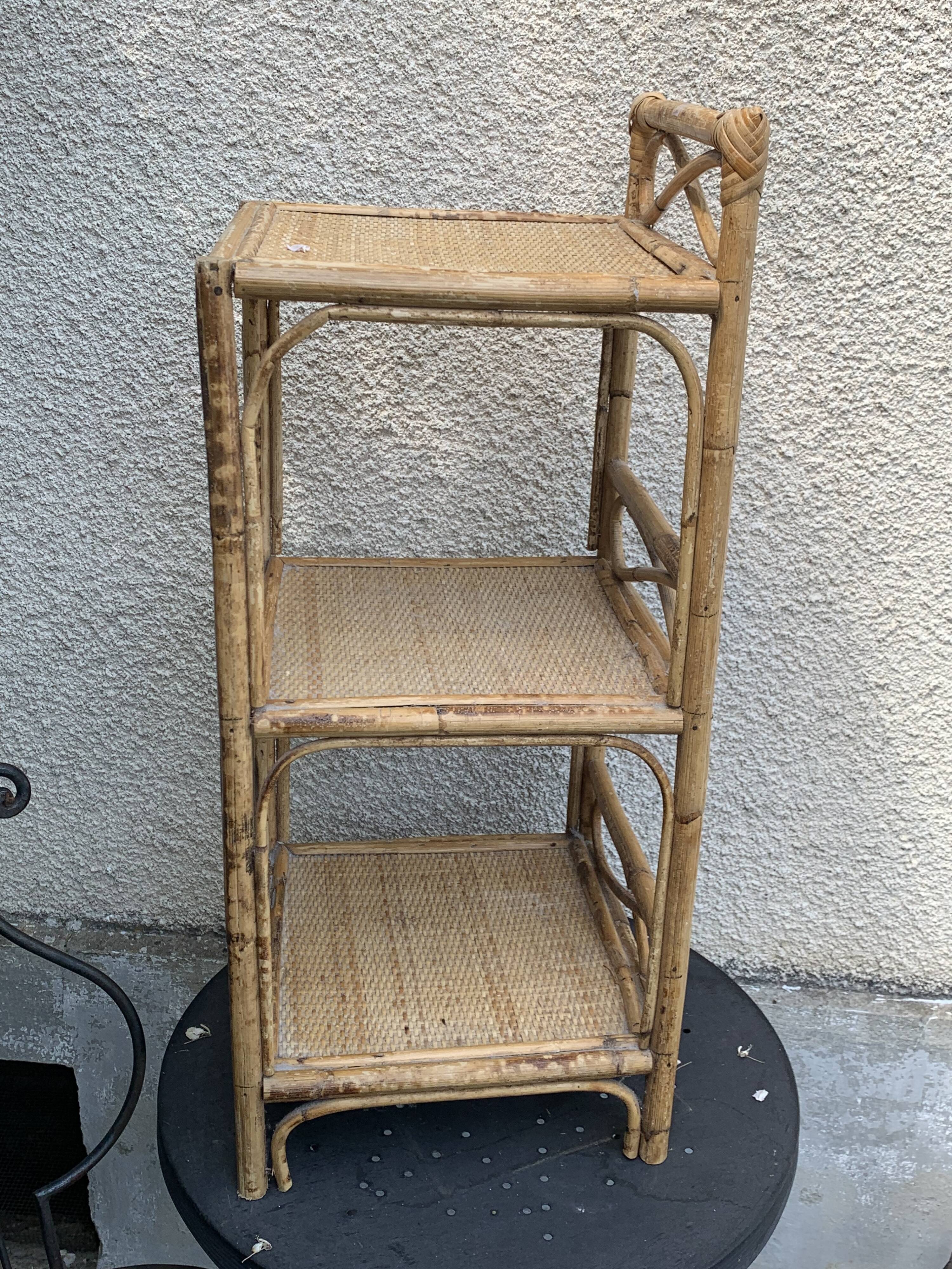 Bamboo and wicker shelf, 3 vintage floors