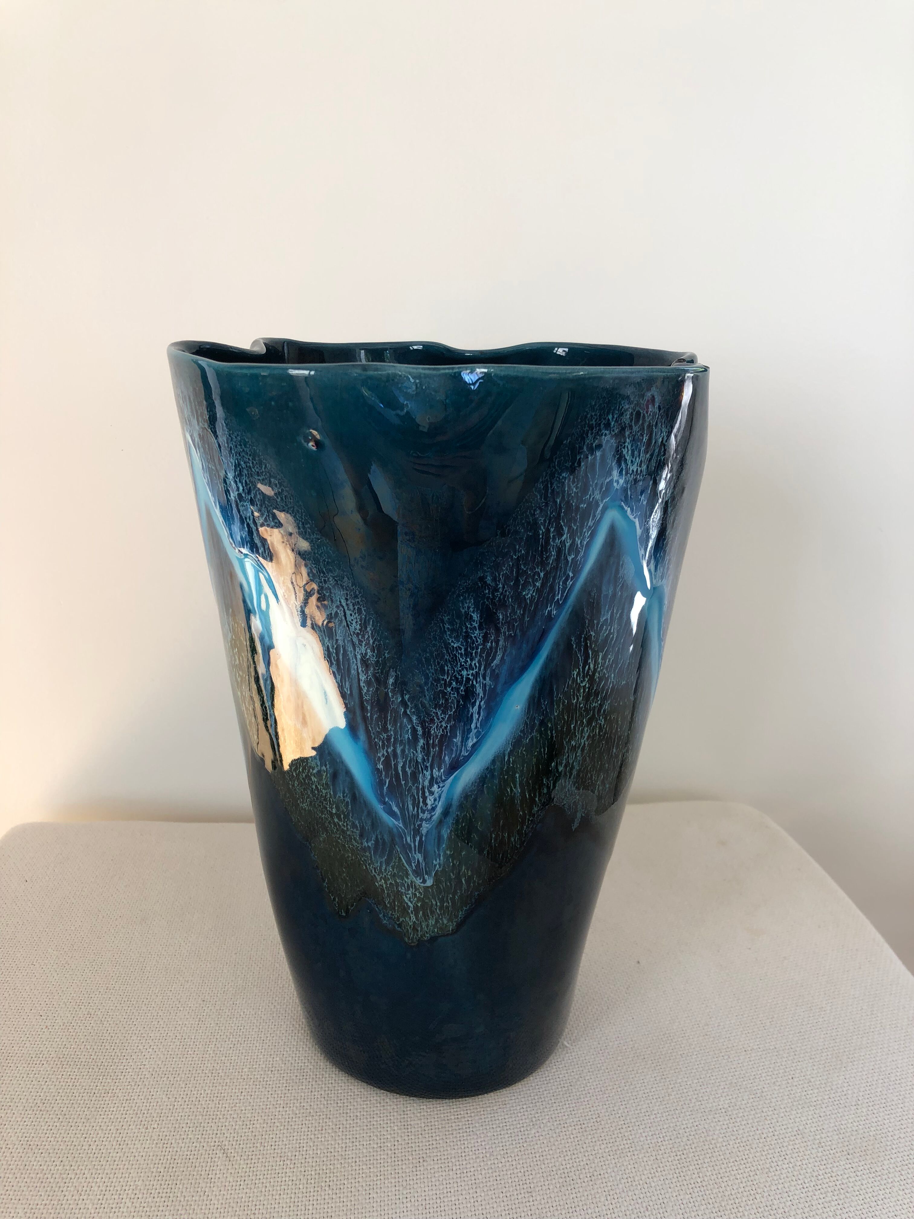 High ceramic vase glazed vintage blue