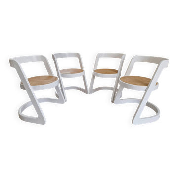 Set of 4 cantilever chairs in curved wood and caning — Italian design year
