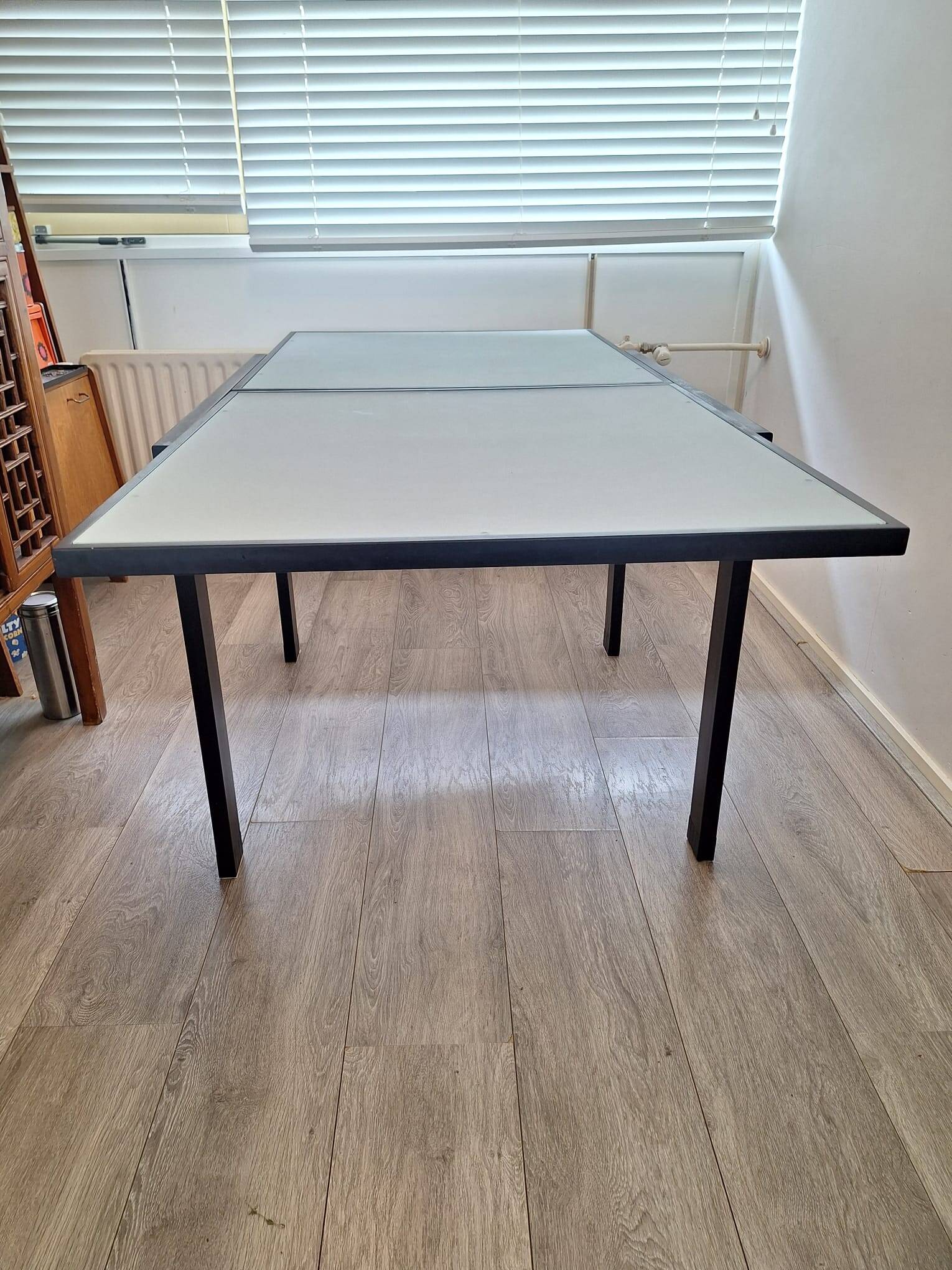 Italian metal table with frosted glass top, extendable.
