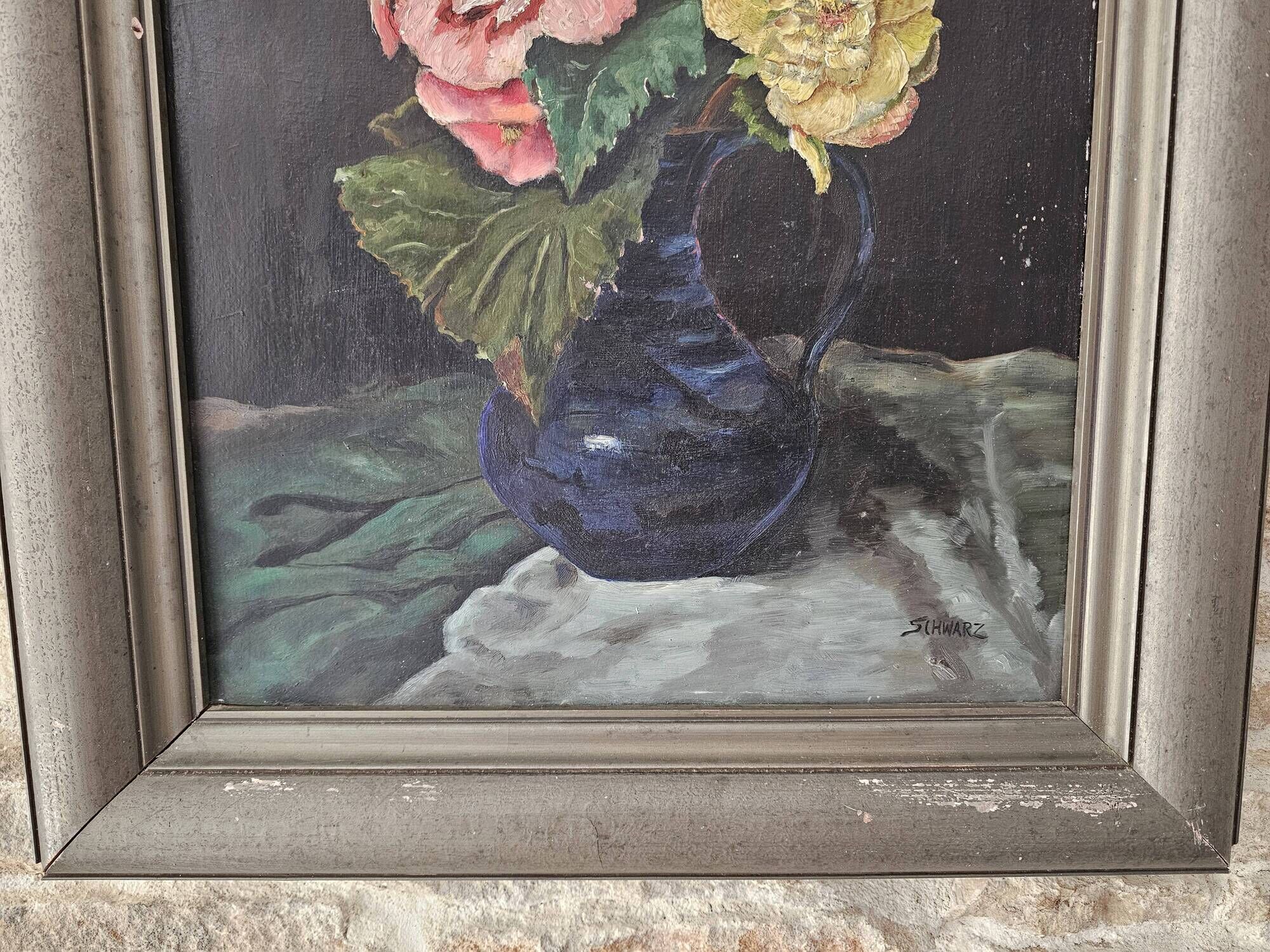 Tableau Huile sur Panneau Nature morte - bouquet de Roses Signé Schwarz