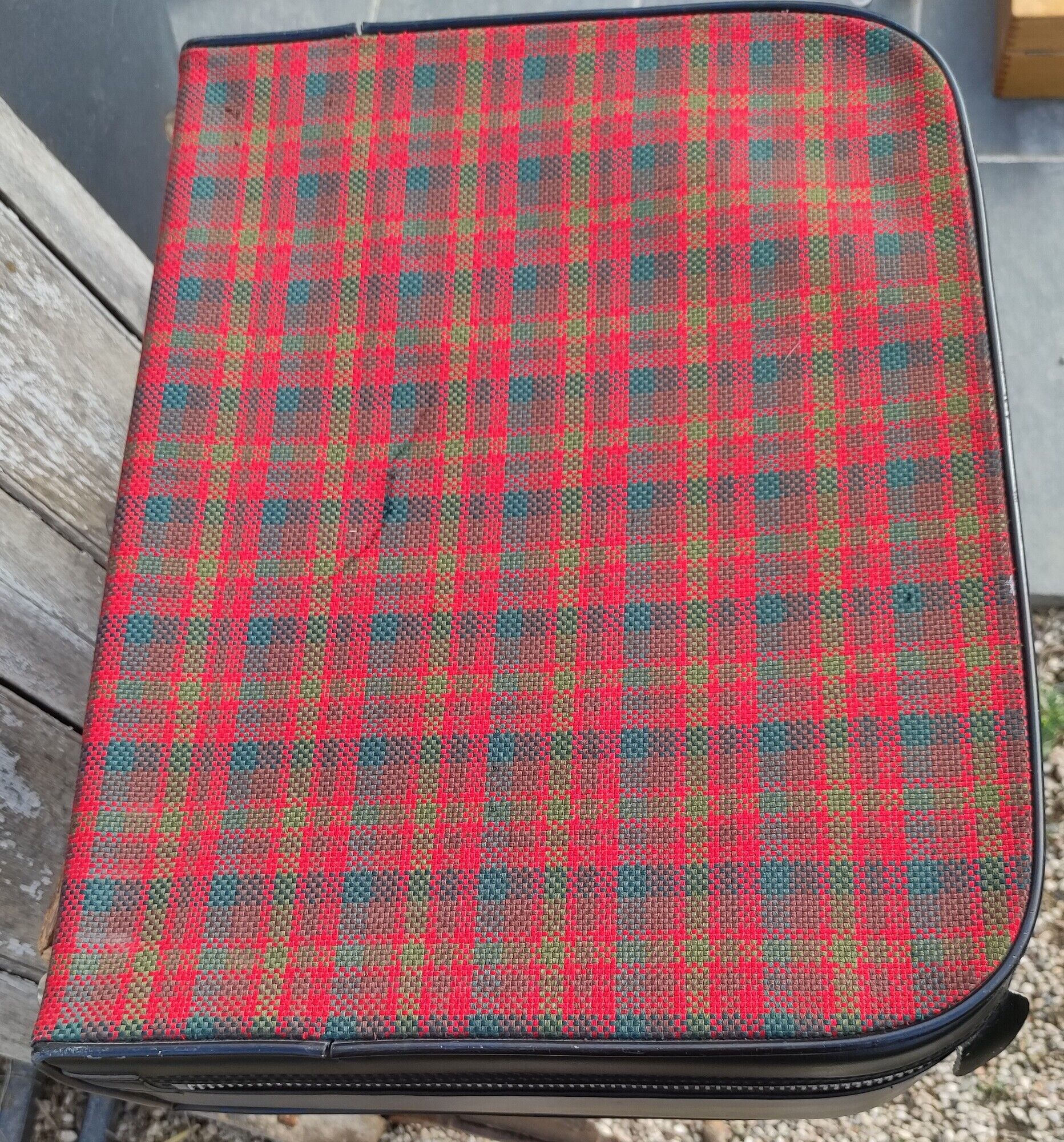 Vintage suitcase in red and skai Scottish fabric