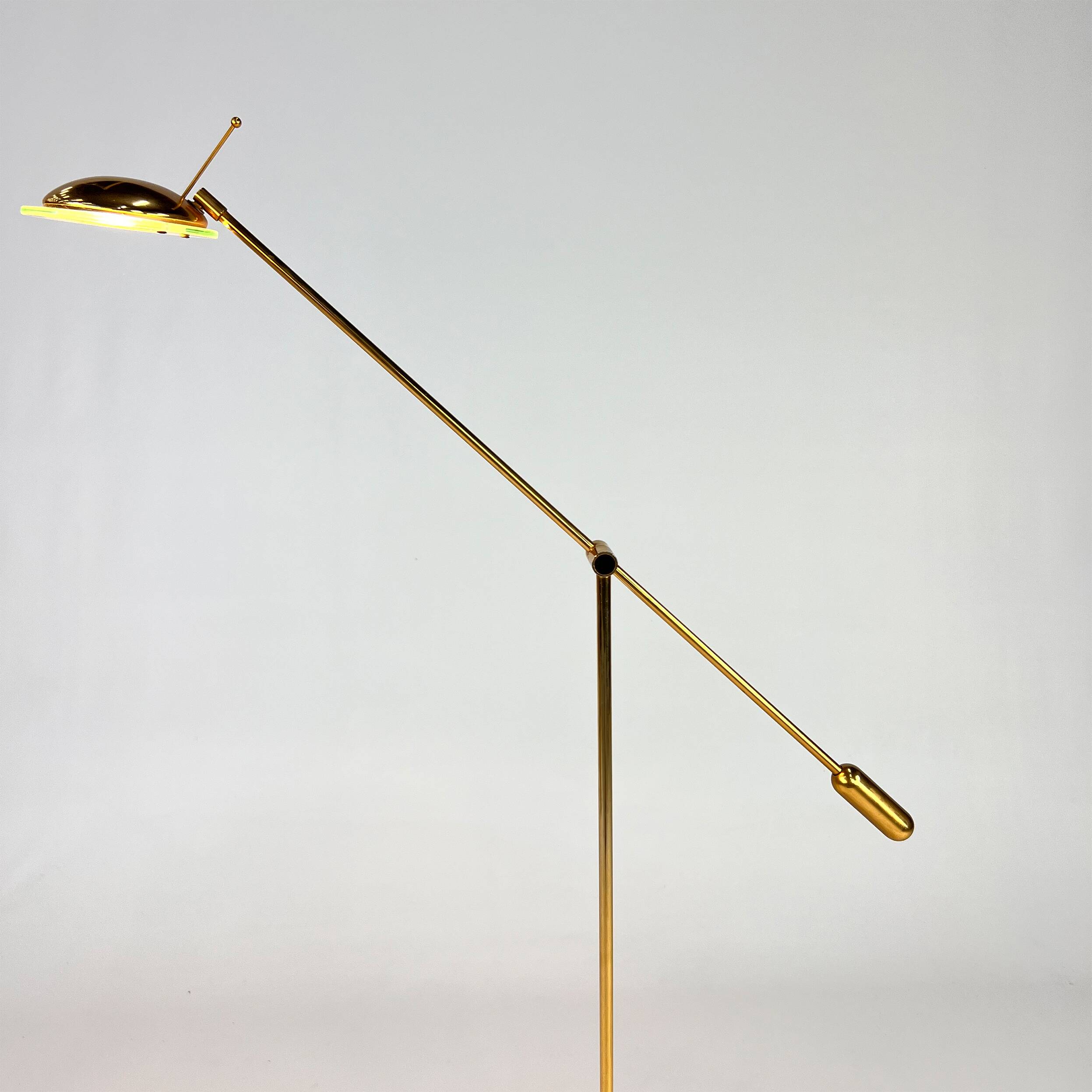 Dutch design brass and glass counter balance floorlamp by herda, 1970s