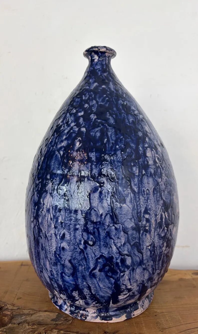 Vintage Mid-Century Studio Art Pottery Cobalt Blue Textured Glaze Teardrop Vase