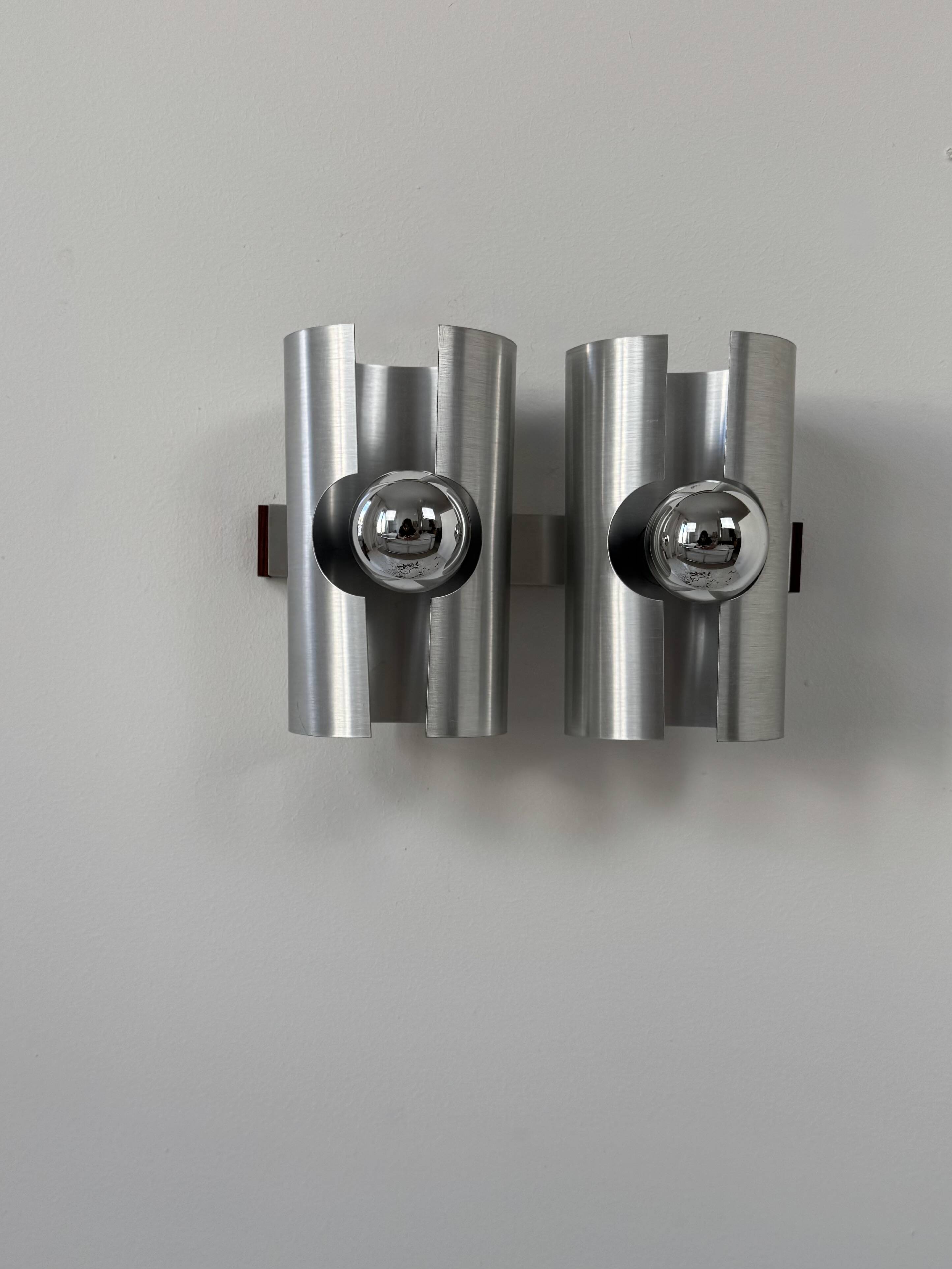 Vintage double wall light in brushed metal and rosewood, France, 1970.