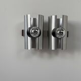 Vintage double wall light in brushed metal and rosewood, France, 1970.