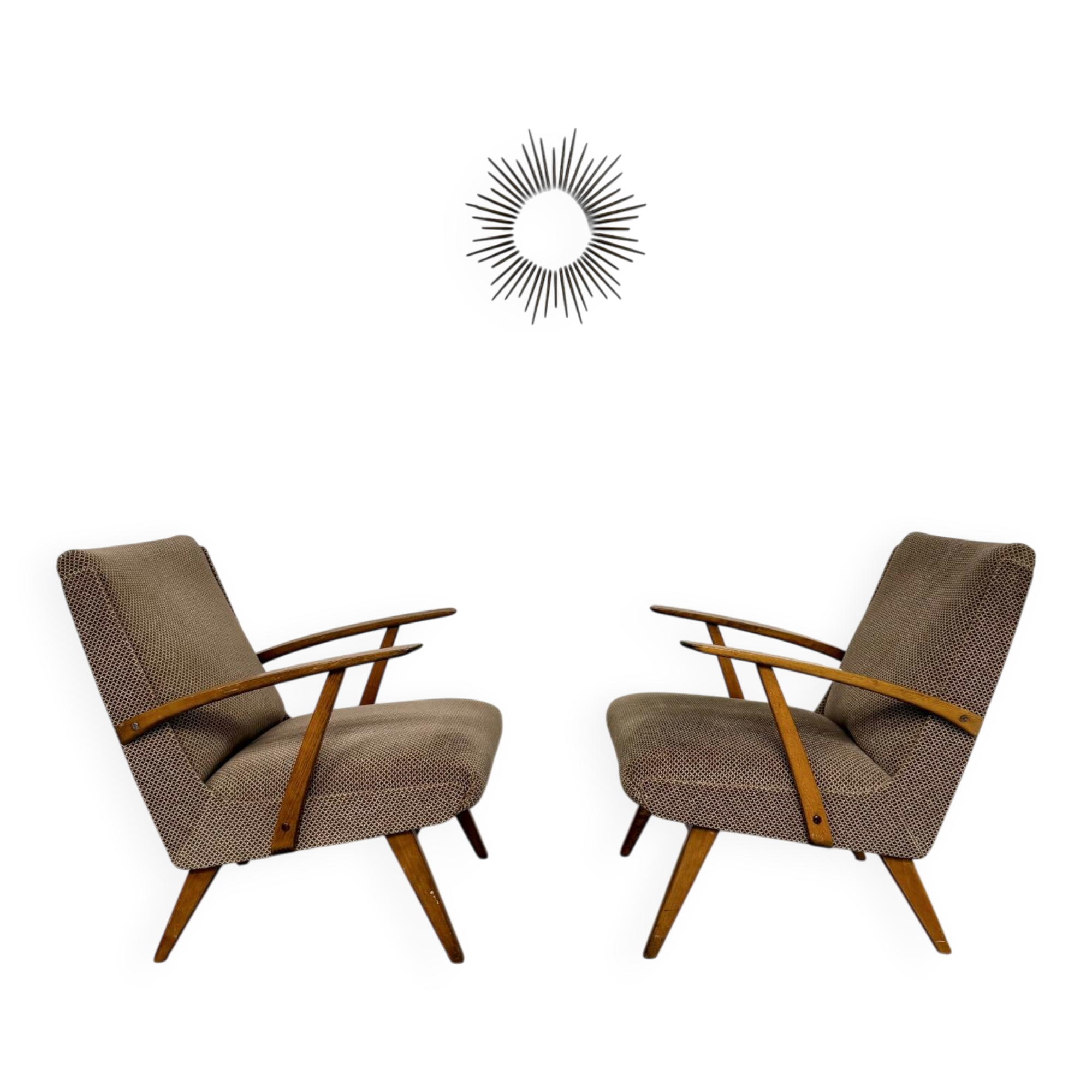Set of 2 vintage wooden and fabric armchairs designed in the 1960s.