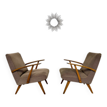 Lot de 2 anciens fauteuils vintage bois et tissu design des années 60 