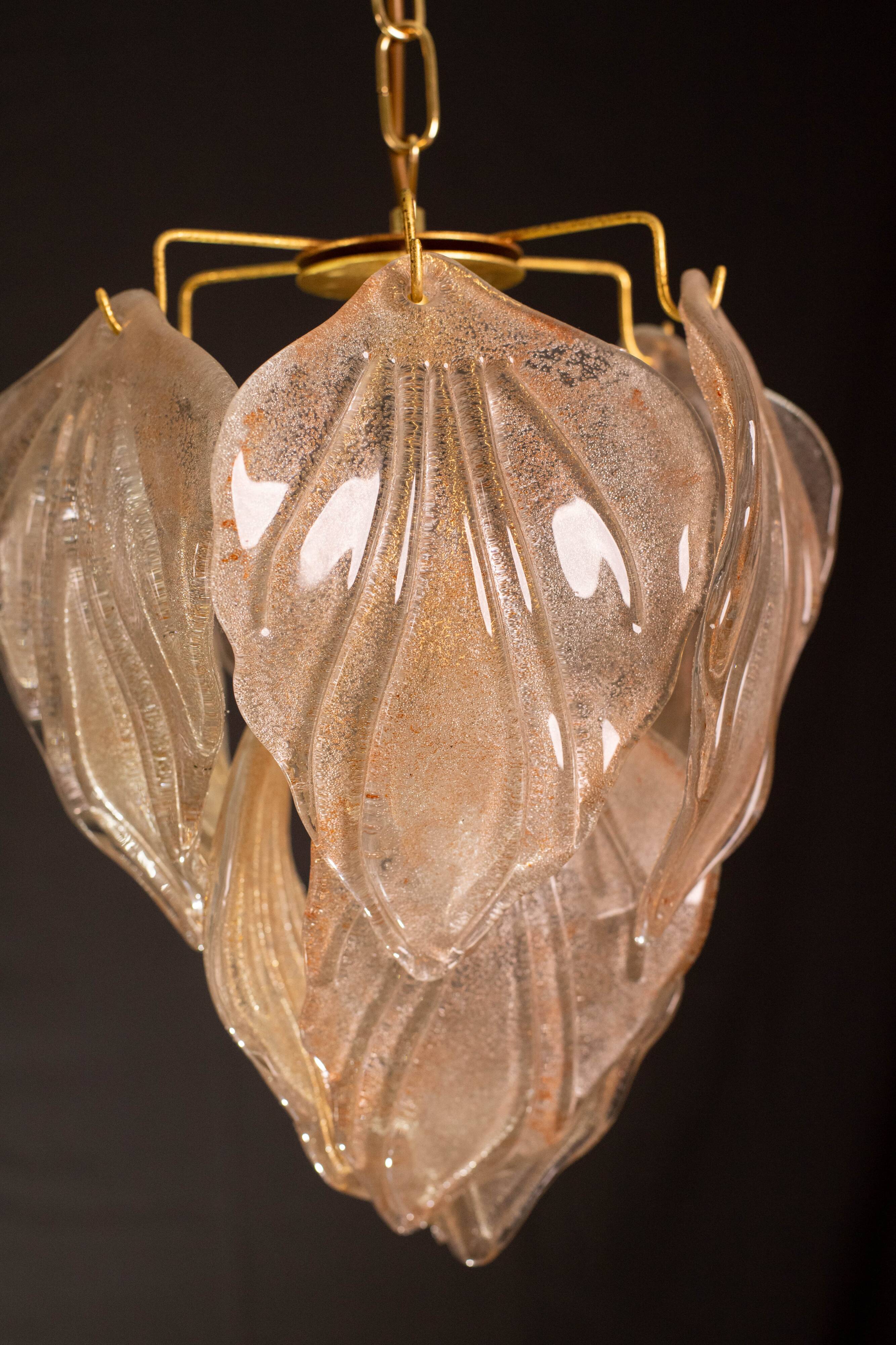 Gorgeous vintage Murano chandelier with leaves of orange and pink highlights