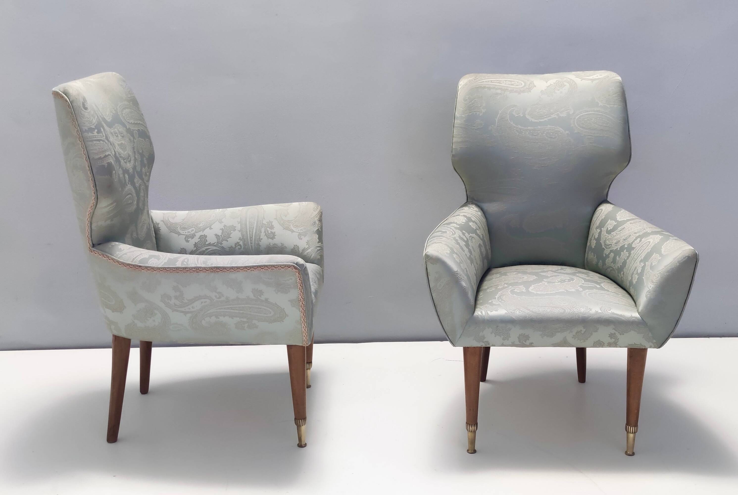 Pair of Grey Satin Lounge Chairs with Walnut Frame and Brass Feet Caps