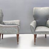 Pair of Grey Satin Lounge Chairs with Walnut Frame and Brass Feet Caps