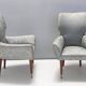 Pair of Grey Satin Lounge Chairs with Walnut Frame and Brass Feet Caps